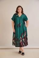 Rochie lungă mărime mare A-line din satin luxos cu imprimeu - verde