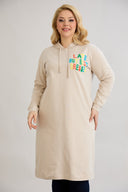 Rochie-tunica marime mare din bumbac cu inscriptie "Late but best dressed" - ecru
