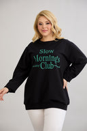 Bluza marime mare din bumbac cu inscriptie Slow morning - verde