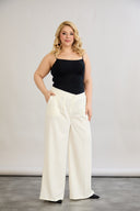 Pantaloni largi marime mare cu talie elastica din in si bumbac - sampanie