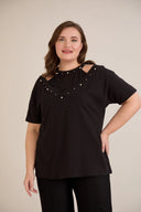 Tricou mărime mare din bumbac cu decolteu atractiv și perle