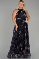 Rochie de ocazie marime mare lunga din sifon print - flori violet închis N1147