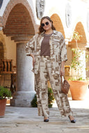 Set elegant mărime mare cu imprimeu din vâscoză – ecru/bej