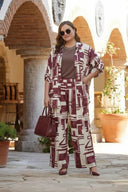 Set elegant mărime mare cu imprimeu din vâscoză – ecru/bordo