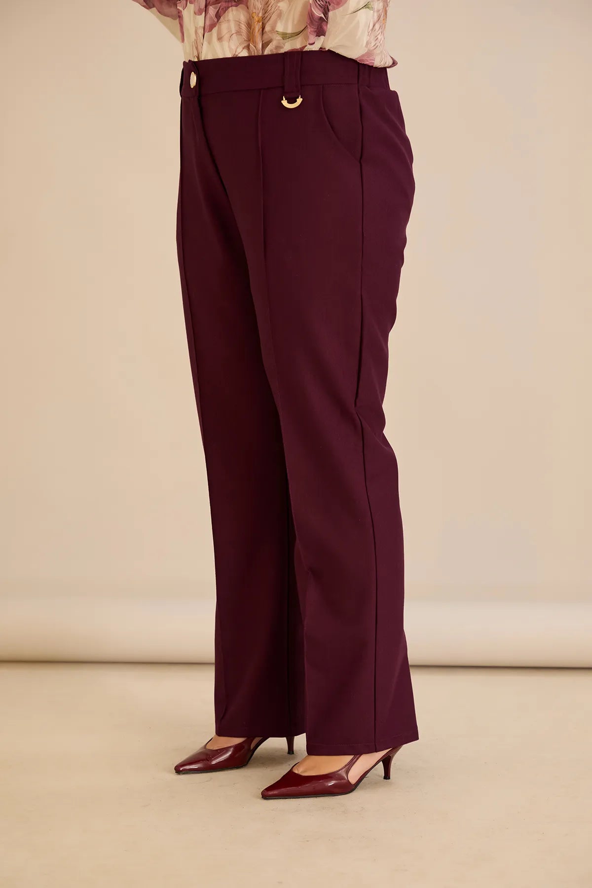 Pantalon larg mărime mare din bumbac cu margine – burgundy