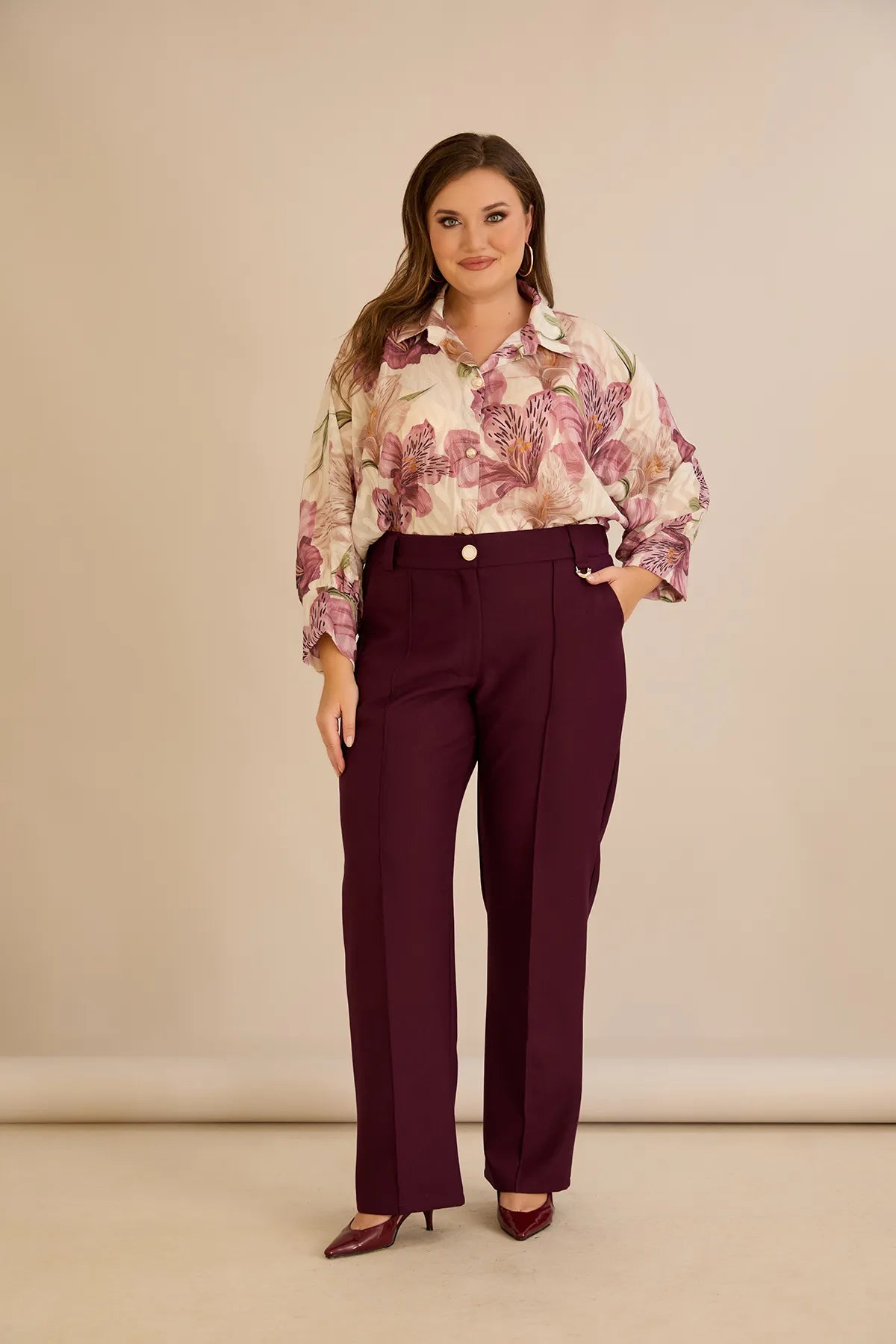 Pantalon larg mărime mare din bumbac cu margine – burgundy