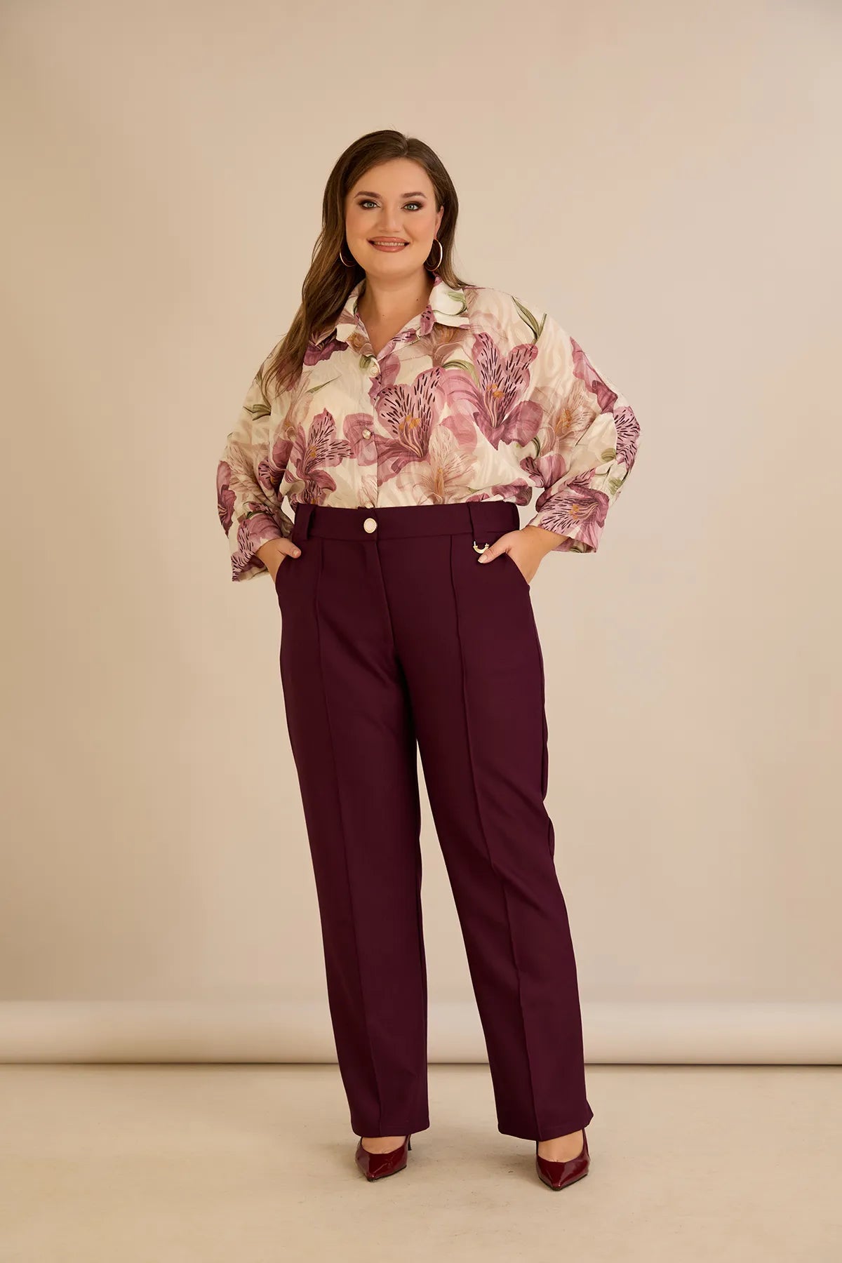 Pantalon larg mărime mare din bumbac cu margine – burgundy