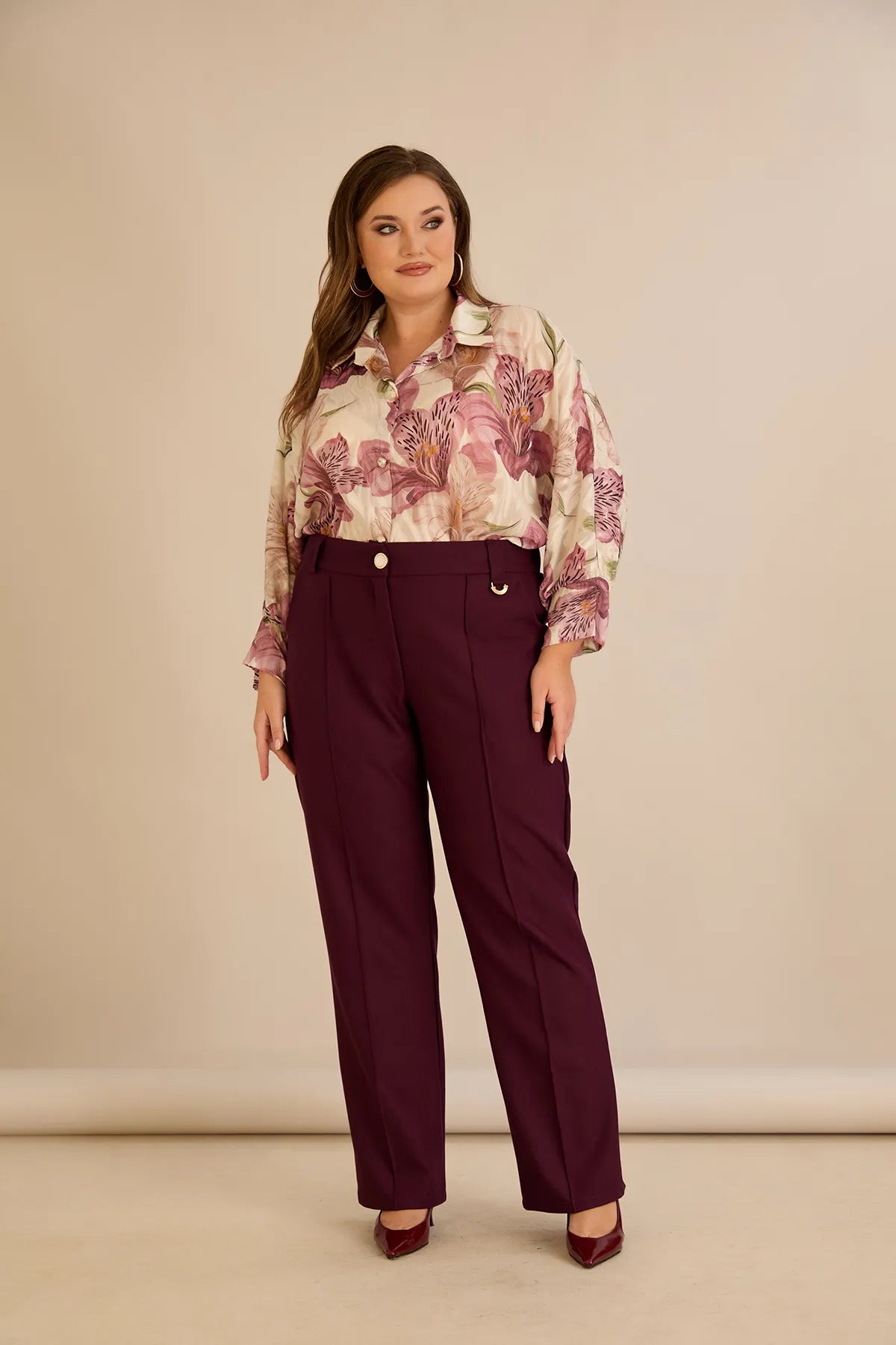 Pantalon larg mărime mare din bumbac cu margine – burgundy