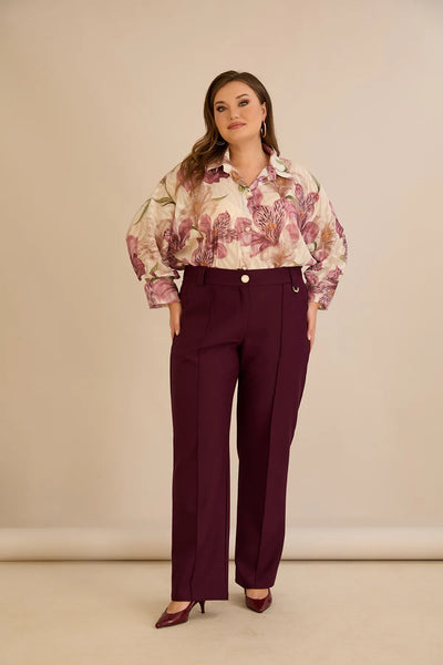 Pantalon larg mărime mare din bumbac cu margine – burgundy