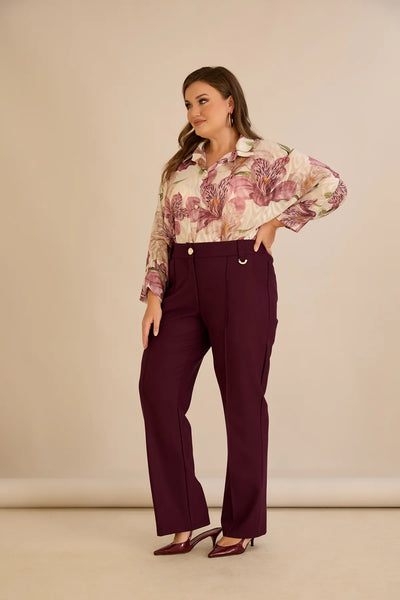 Pantalon larg mărime mare din bumbac cu margine – burgundy