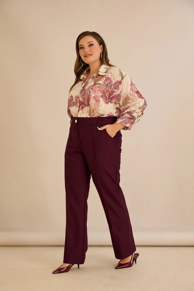 Pantalon larg mărime mare din bumbac cu margine – burgundy