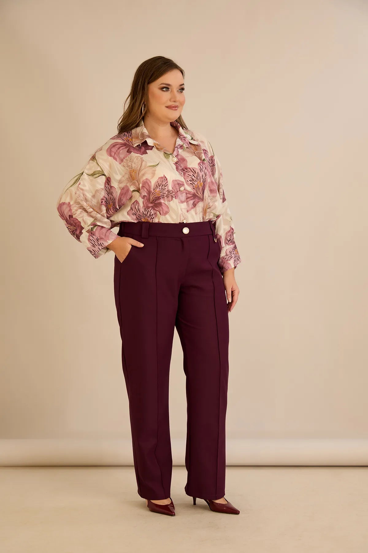 Pantalon larg mărime mare din bumbac cu margine – burgundy