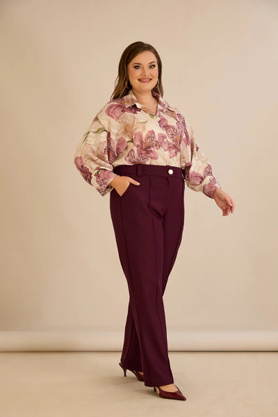 Pantalon larg mărime mare din bumbac cu margine – burgundy