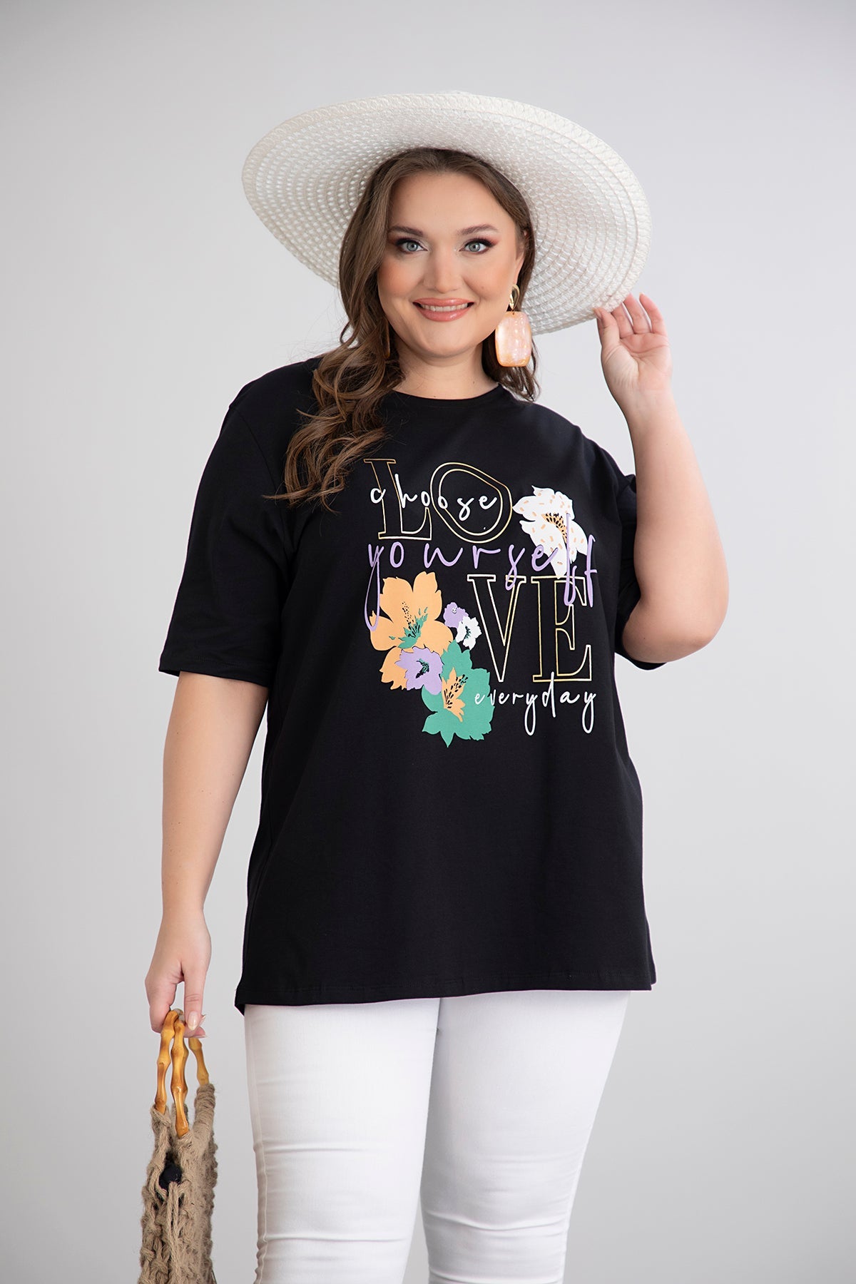 Tricou marime mare din bumbac cu imprimeu floral
