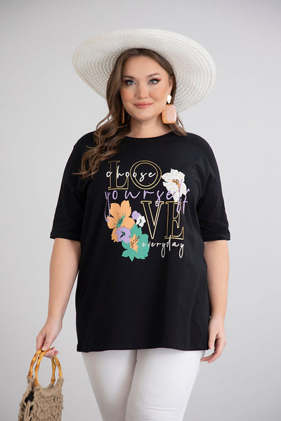 Tricou marime mare din bumbac cu imprimeu floral