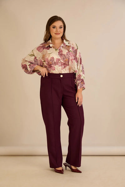 Pantalon larg mărime mare din bumbac cu margine – burgundy