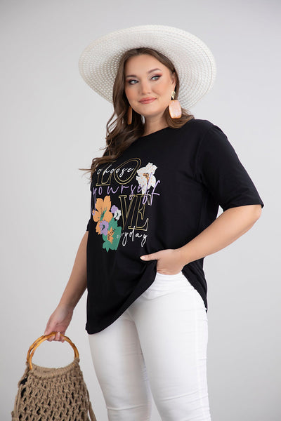 Tricou marime mare din bumbac cu imprimeu floral