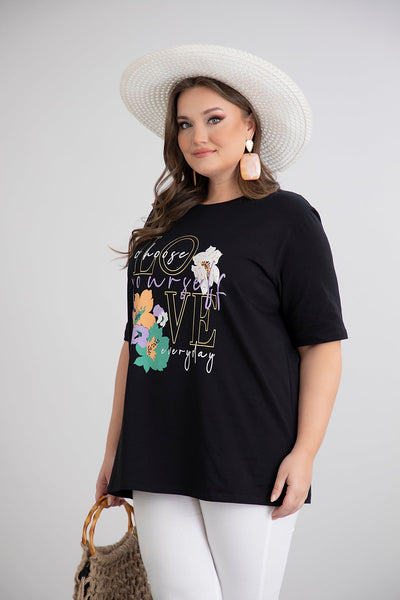 Tricou marime mare din bumbac cu imprimeu floral