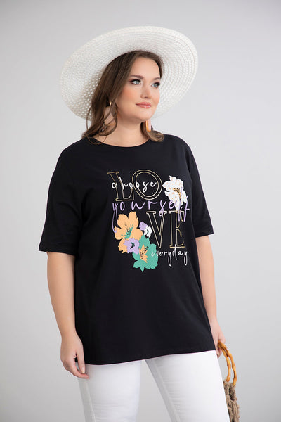 Tricou marime mare din bumbac cu imprimeu floral