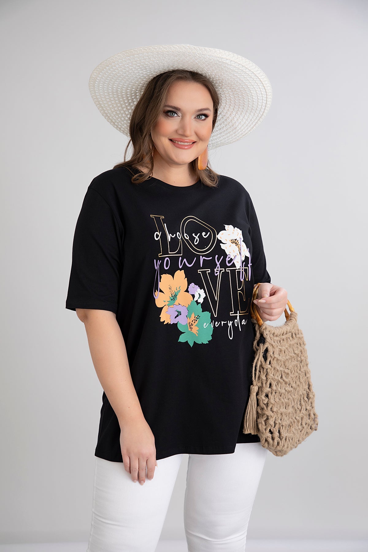 Tricou marime mare din bumbac cu imprimeu floral