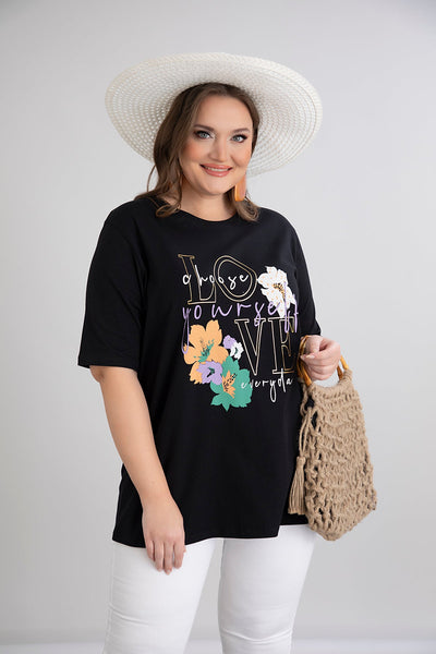 Tricou marime mare din bumbac cu imprimeu floral
