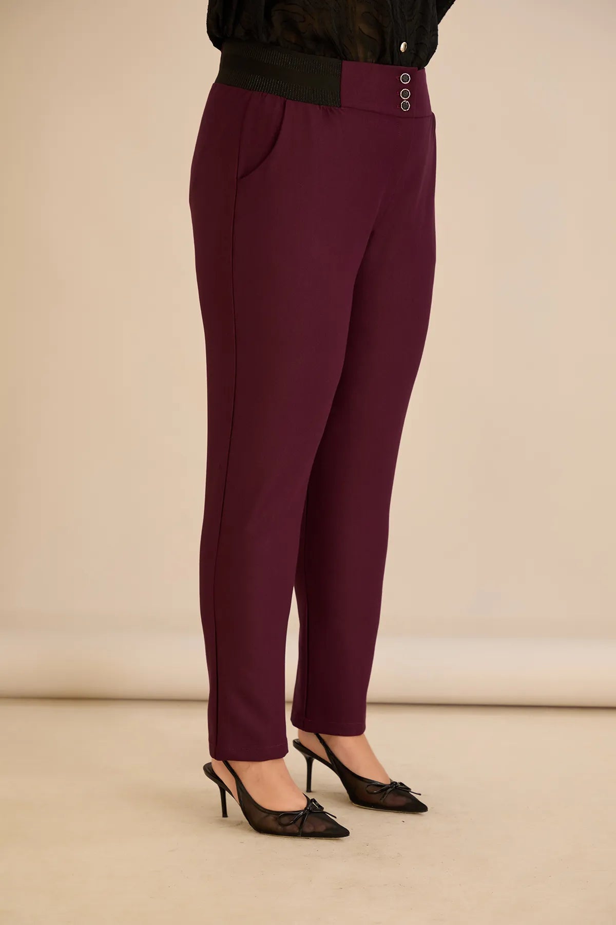 Pantalon mărime mare din bumbac cu croială clasică – burgundy