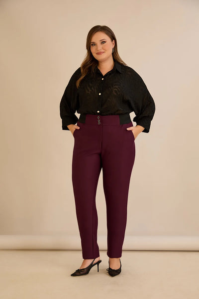 Pantalon mărime mare din bumbac cu croială clasică – burgundy