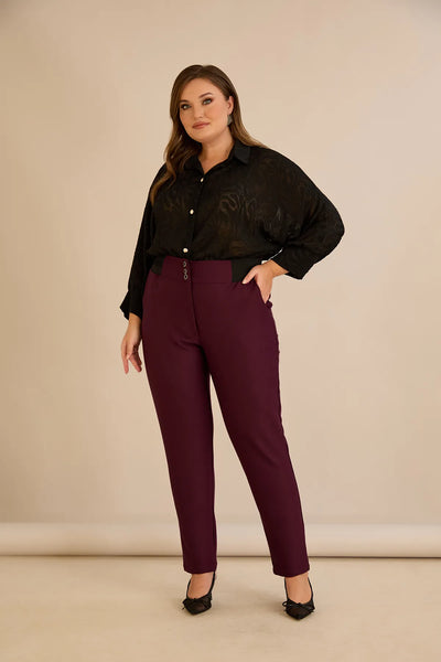 Pantalon mărime mare din bumbac cu croială clasică – burgundy