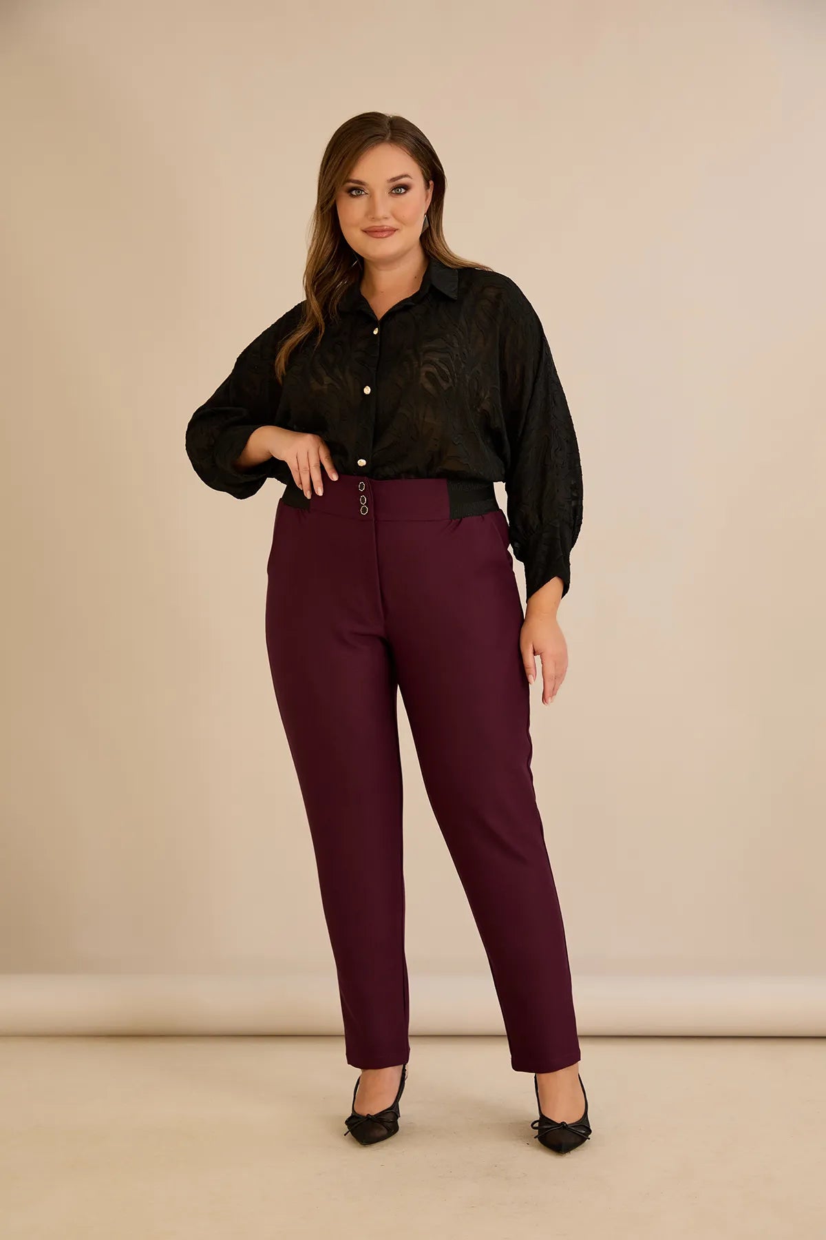 Pantalon mărime mare din bumbac cu croială clasică – burgundy
