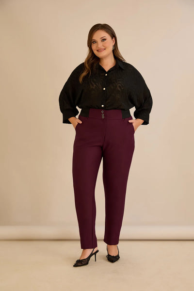 Pantalon mărime mare din bumbac cu croială clasică – burgundy