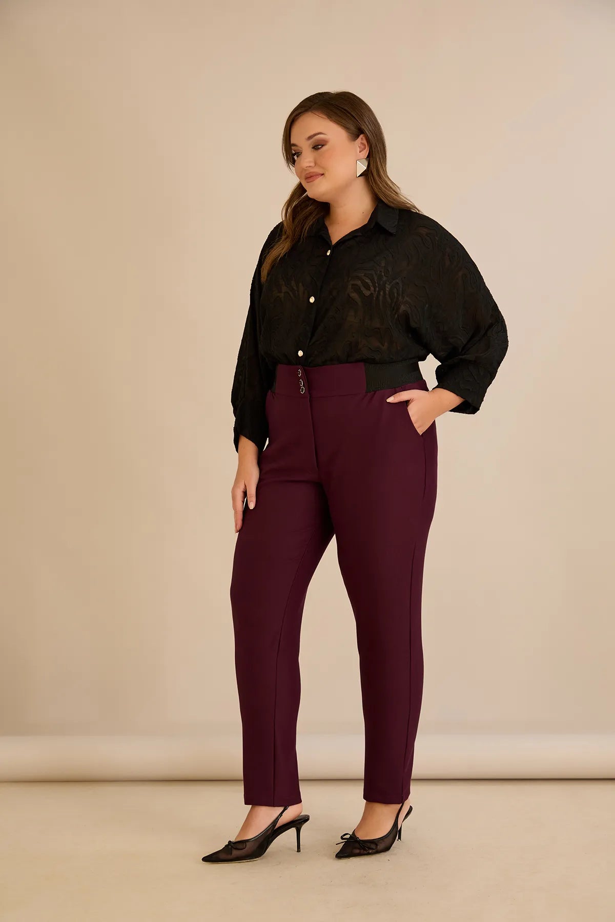 Pantalon mărime mare din bumbac cu croială clasică – burgundy
