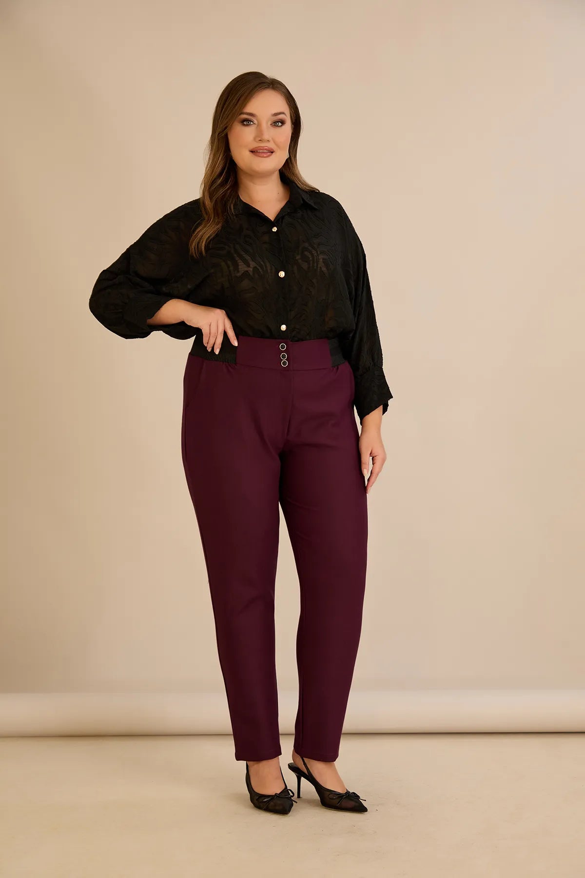 Pantalon mărime mare din bumbac cu croială clasică – burgundy