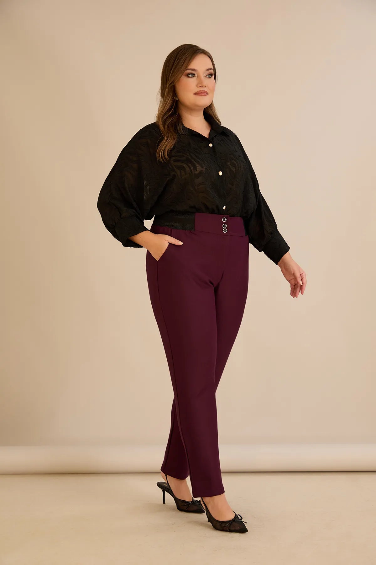 Pantalon mărime mare din bumbac cu croială clasică – burgundy