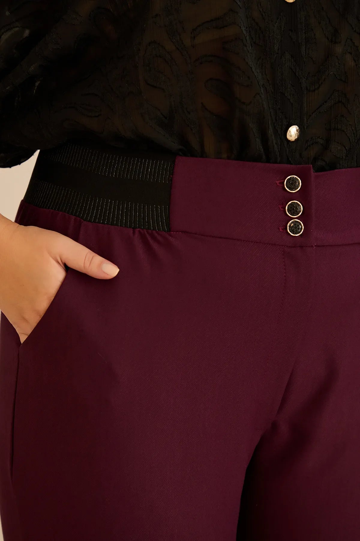Pantalon mărime mare din bumbac cu croială clasică – burgundy