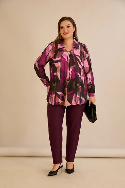 Tunică tip cămașă mărime mare cu broșă – roz