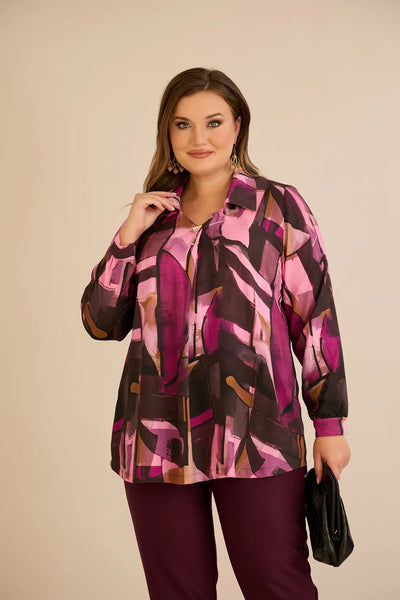 Tunică tip cămașă mărime mare cu broșă – roz