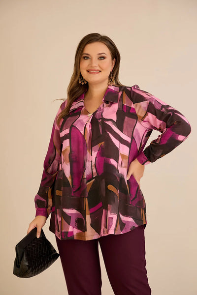 Tunică tip cămașă mărime mare cu broșă – roz