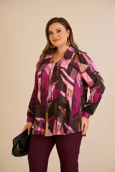 Tunică tip cămașă mărime mare cu broșă – roz