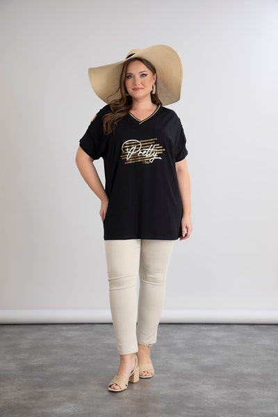Tricou marime mare din bumbac cu elemente aurii