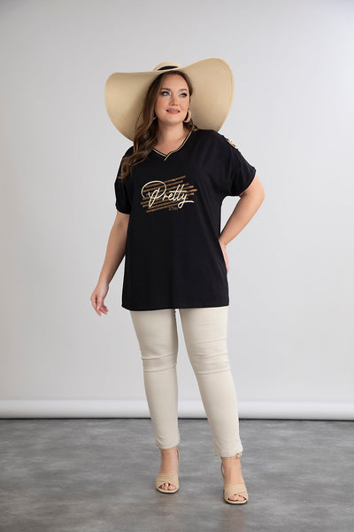 Tricou marime mare din bumbac cu elemente aurii