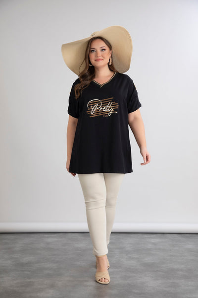 Tricou marime mare din bumbac cu elemente aurii