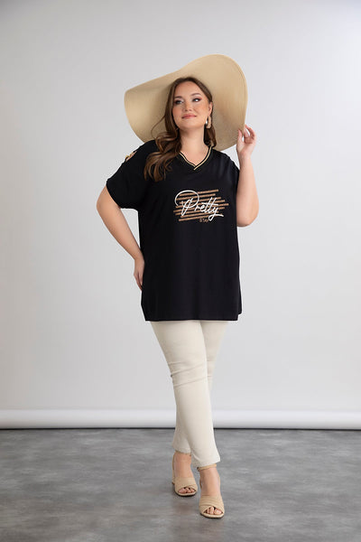 Tricou marime mare din bumbac cu elemente aurii