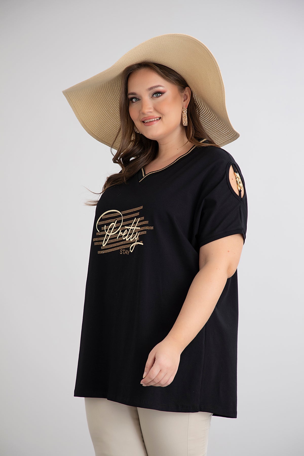 Tricou marime mare din bumbac cu elemente aurii