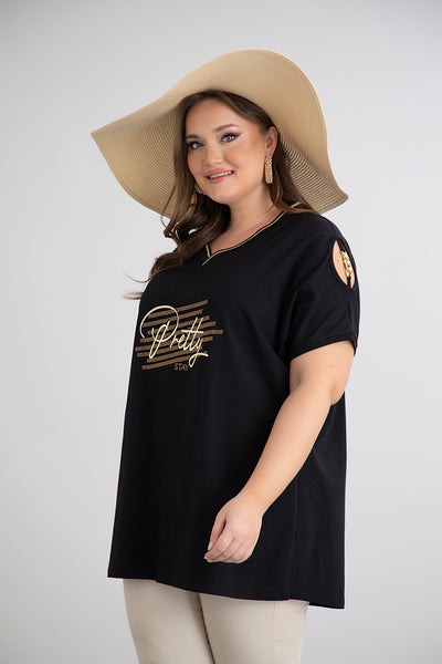Tricou marime mare din bumbac cu elemente aurii