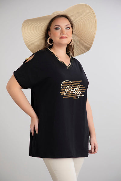 Tricou marime mare din bumbac cu elemente aurii