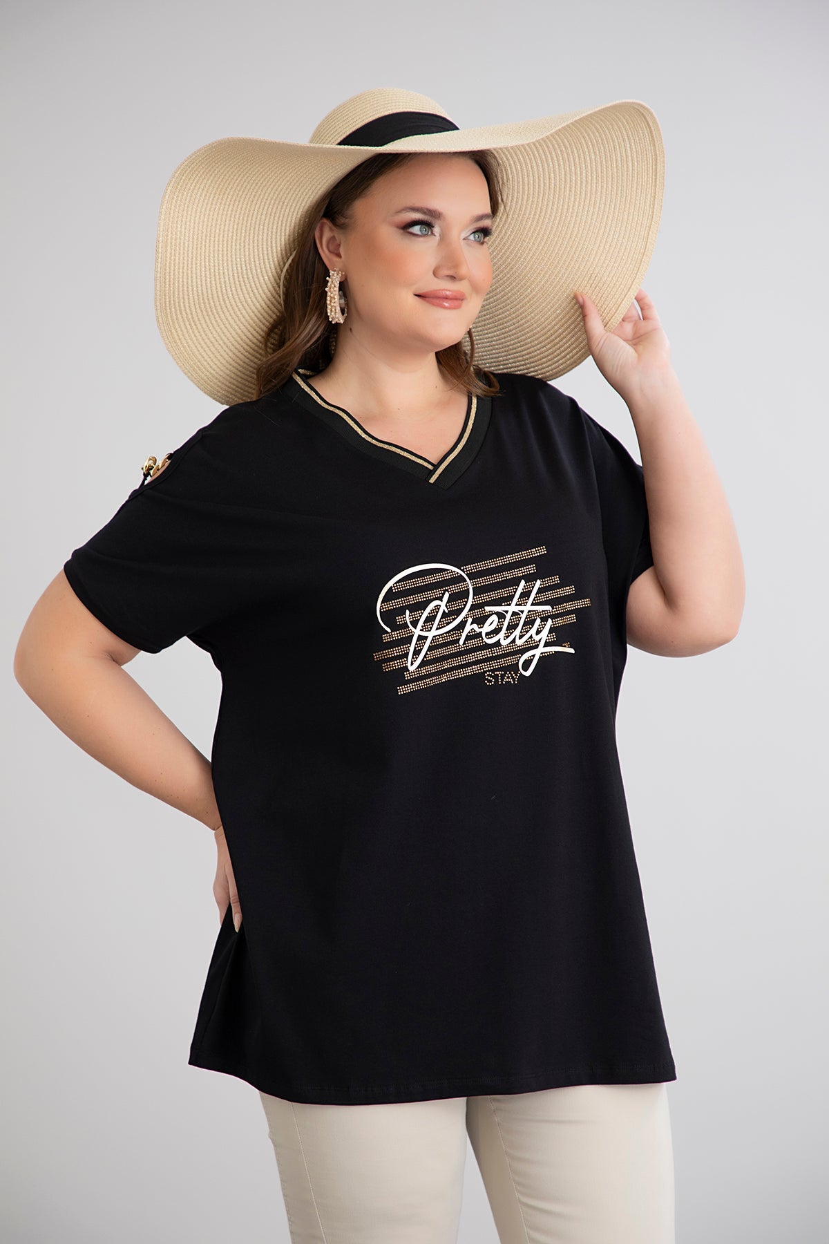 Tricou marime mare din bumbac cu elemente aurii