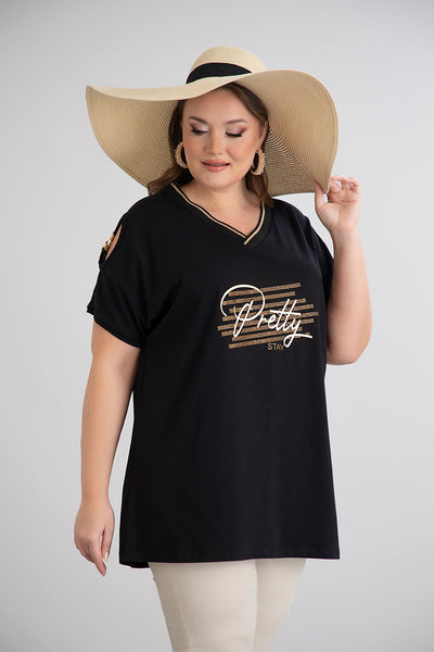 Tricou marime mare din bumbac cu elemente aurii