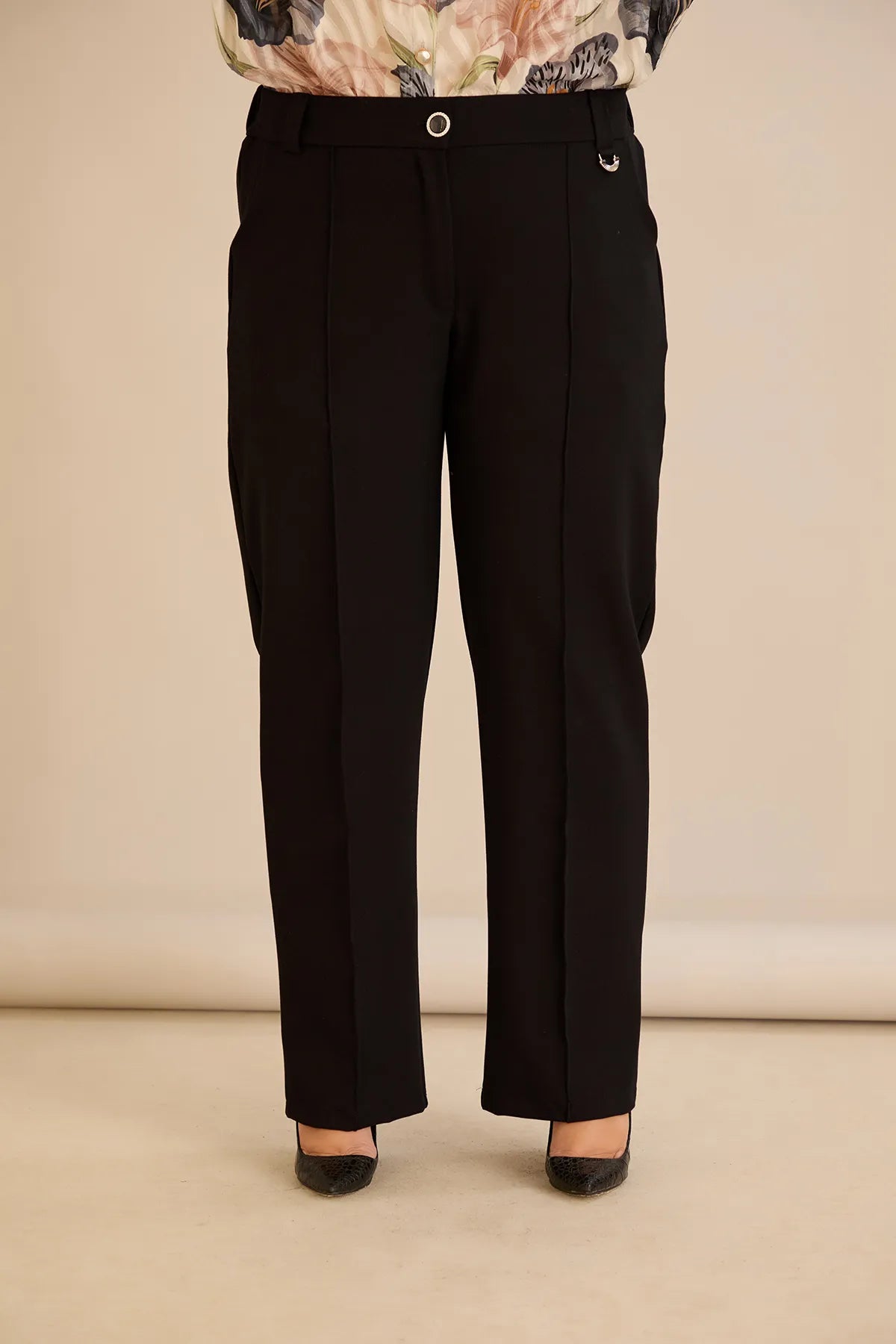 Pantalon larg mărime mare din bumbac cu margine – negru