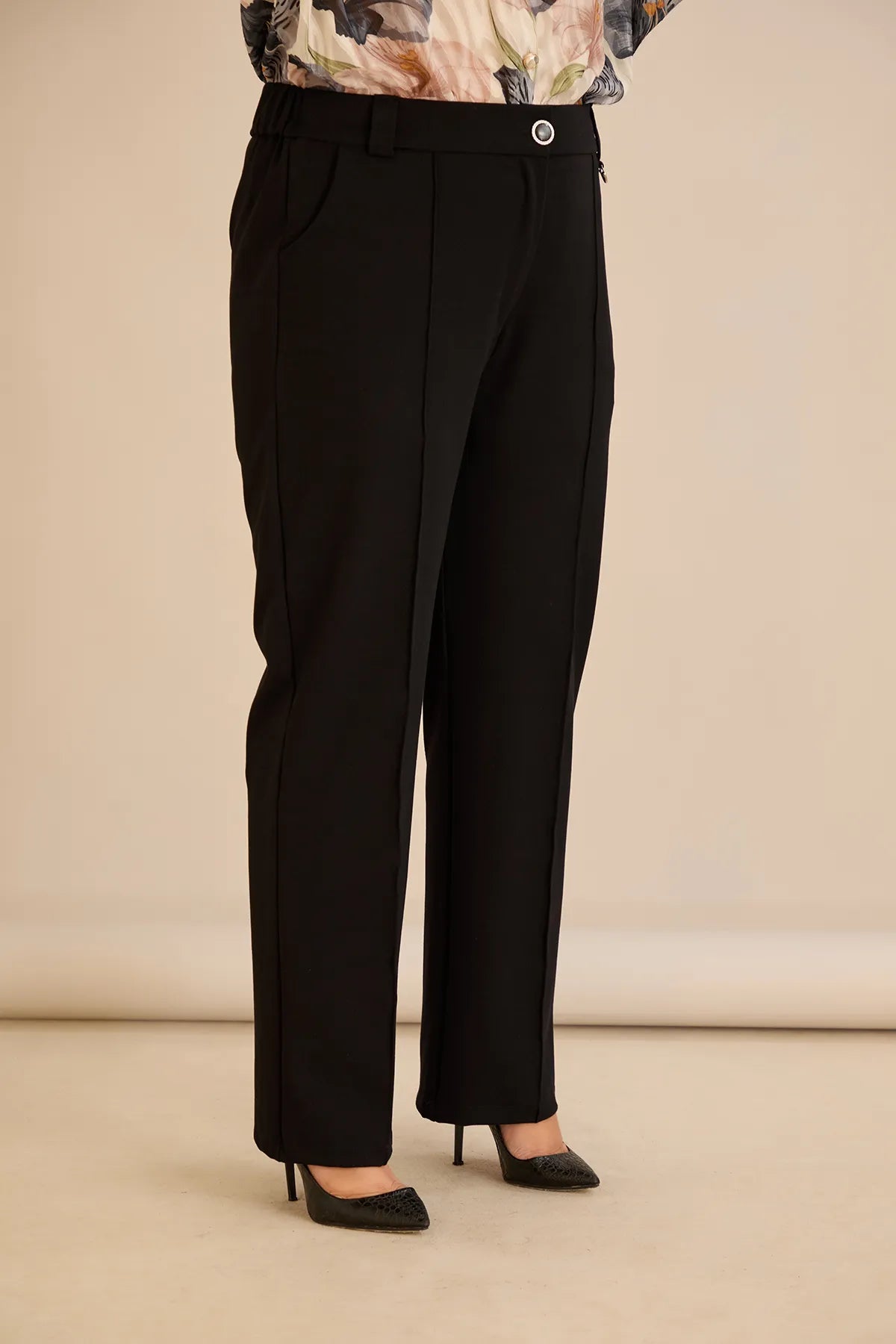 Pantalon larg mărime mare din bumbac cu margine – negru