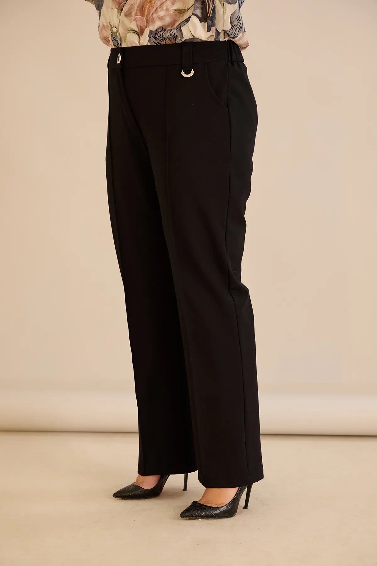 Pantalon larg mărime mare din bumbac cu margine – negru